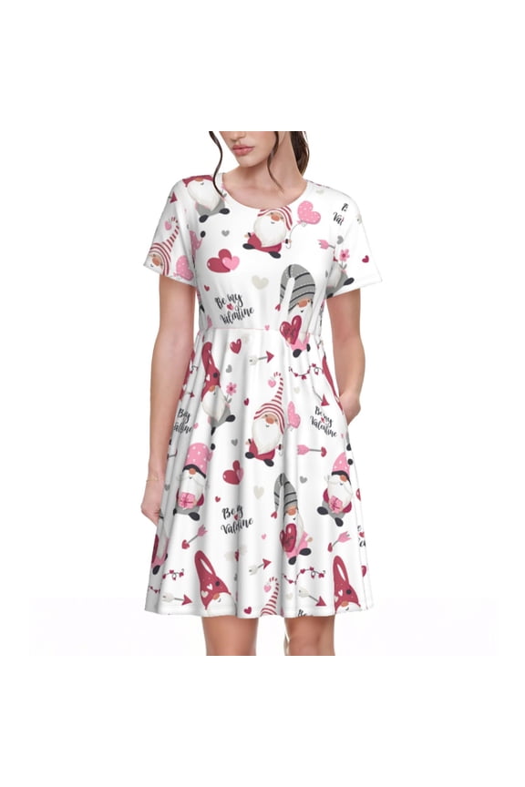 Valentine's Day gnomes Print Women's Short Sleeve Dress, Elastic Waistband A-line with Pockets Summer Dress, Suitable for Daily Leisure, Work, Vacation