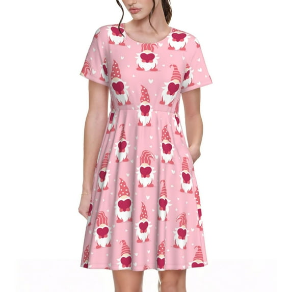 Gukieu Valentine's day gnomes Print Women's Short Sleeve Dress, Elastic Waistband A-line with Pockets Summer Dress, Suitable for Daily Leisure, Work, Vacation