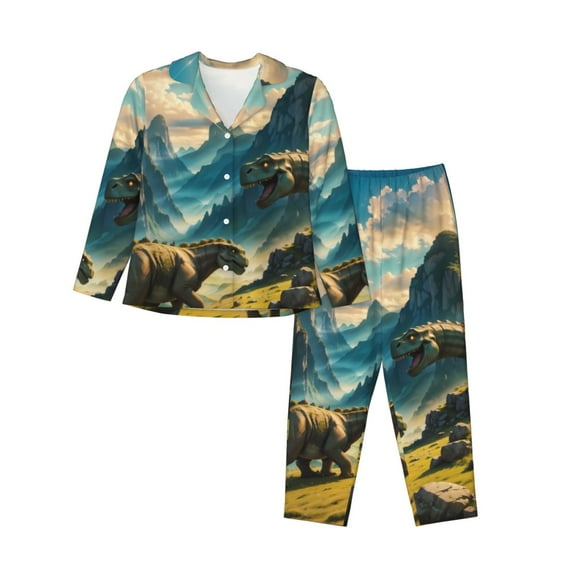 Gukieu Valley River Dinosaur Print Women's Long Sleeve Pajama Set, Button Top Elastic Pocket Pajama Pants Two Piece Set Home Wear-Small