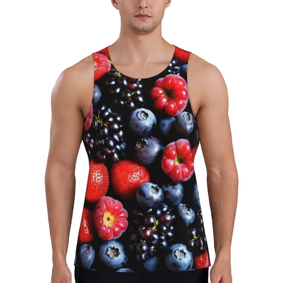 Gukieu Variety Of Fruits And Berries Print Men's Quick Dry Fitness Vest, Round Neck Sleeveless Fitness Bodybuilding Top-Medium