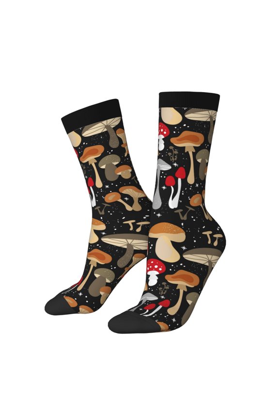 Various Mushrooms Print Contrast Color Mid-calf Socks, Sweat-wicking Athletic Socks, Unisex Clothing Accessories
