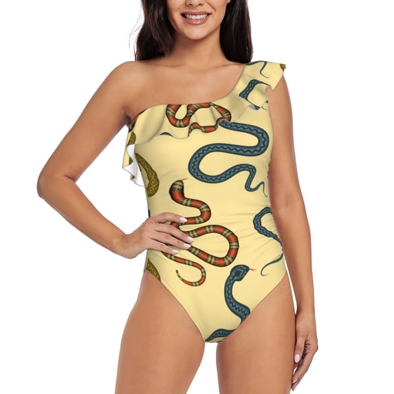 Gukieu Various Snake Print One-shoulder Ruffled One-piece Swimsuit with Removable Chest Pads and Tummy-control Swimsuit for Women-X-Large