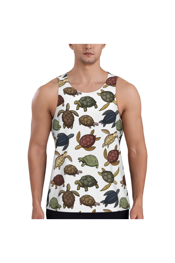 Various Turtle Print Men's Quick Dry Fitness Vest, Round Neck Sleeveless Fitness Bodybuilding Top-X-Large