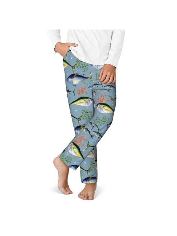 Various Wild Sea Fish Print Youth Home Trousers, Elastic Waistband with Pockets for Home and Outing, Suitable for Children Aged 5-16-Large
