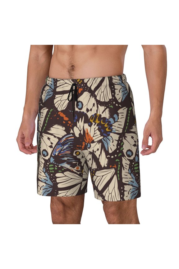 Vector Butterflies Print Men's Double Layer Sports Swim Trunks, Quick Dry Adjustable Waist Swim Shorts Swimwear-Large