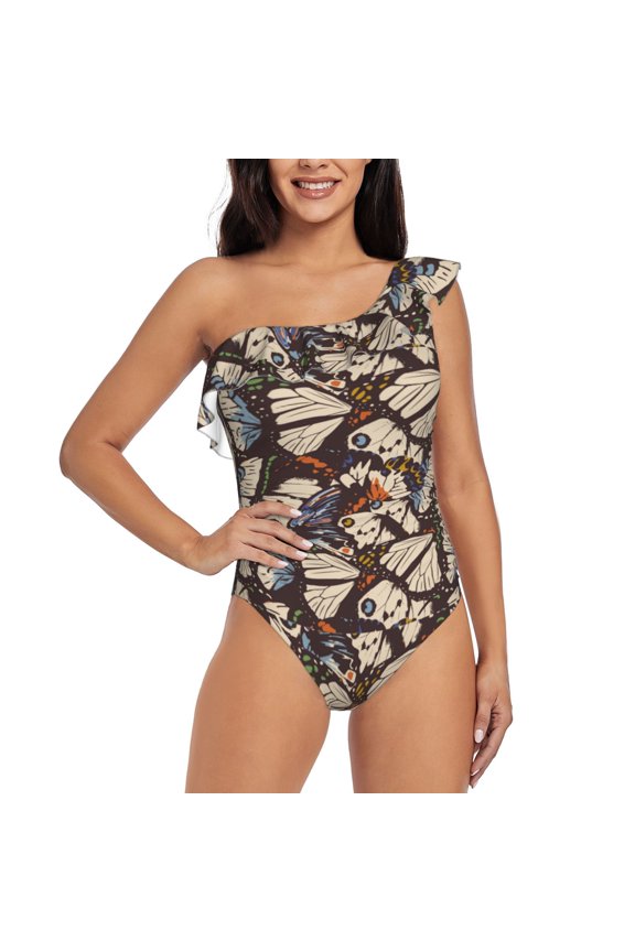 Vector Butterflies Print One-shoulder Ruffled One-piece Swimsuit with Removable Chest Pads and Tummy-control Swimsuit for Women-Medium