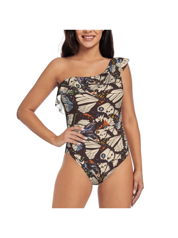 Vector Butterflies Print One-shoulder Ruffled One-piece Swimsuit with Removable Chest Pads and Tummy-control Swimsuit for Women-Medium