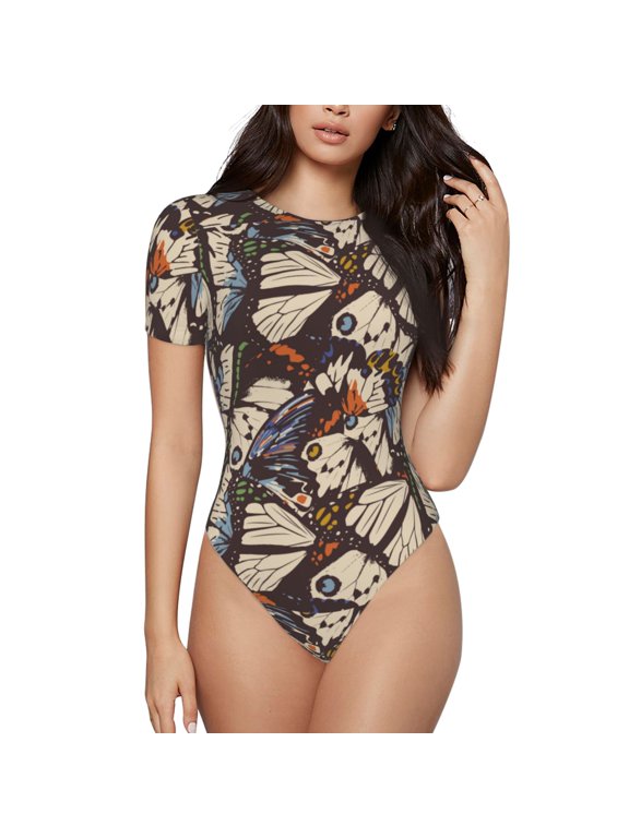Vector Butterflies Print Women's Short Sleeve Bodysuit, Round Neck Snap-on Bodysuit, Suitable for Adult Women-