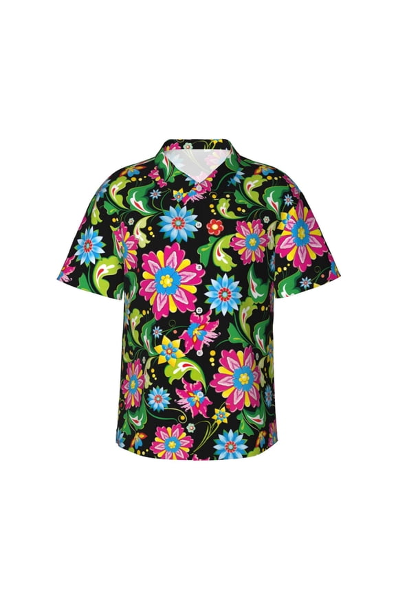 Vector Mexican Otomi Style Bright Print Men's Short-sleeved Shirts, Button-down Lapel Hawaiian Shirts, T-shirts, Beach Vacation Summer Casual Wear,Medium