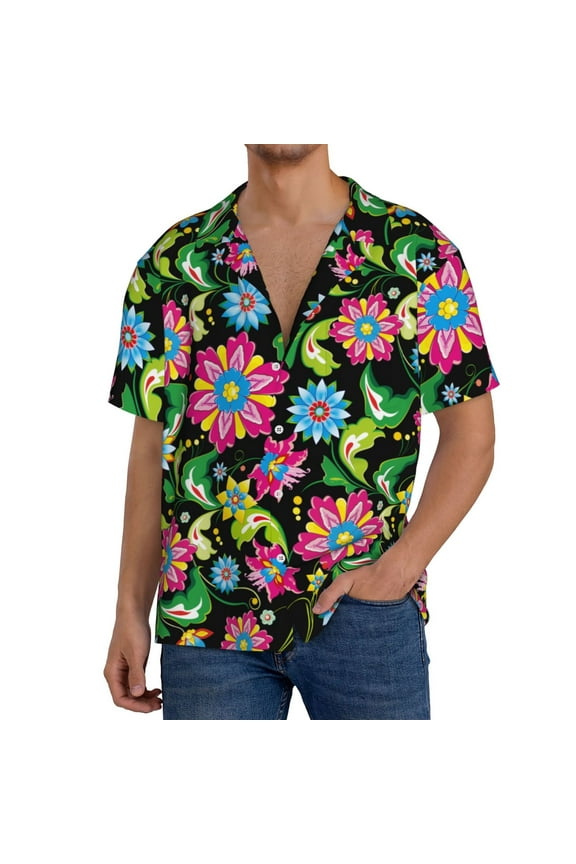 Vector Mexican Otomi Style Bright Print Men's Short-sleeved Shirts, Button-down Pocket Shirts, T-shirts, Beach Vacation Travel Summer Clothing-Medium