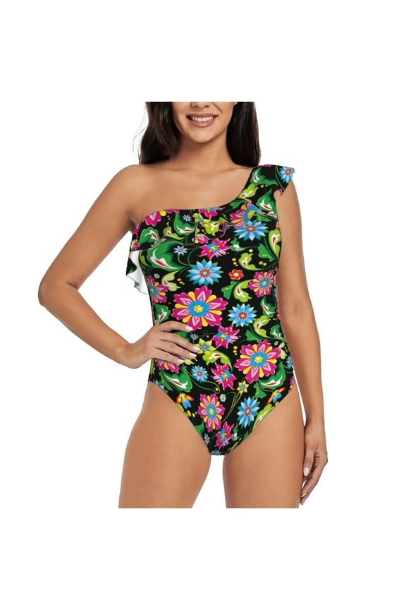 Vector Mexican Otomi Style Bright Print One-shoulder Ruffled One-piece Swimsuit with Removable Chest Pads and Tummy-control Swimsuit for Women-Small