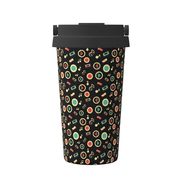 Gukieu Vector Retro Music Print Insulated Coffee Cup, Portable Stainless Steel Vacuum Cup with Lid, Unisex, Suitable for Office, Cafe, Car