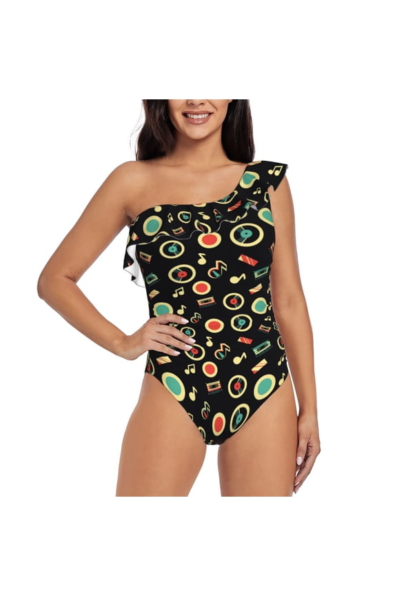 Vector Retro Music Print One-shoulder Ruffled One-piece Swimsuit with Removable Chest Pads and Tummy-control Swimsuit for Women-Medium