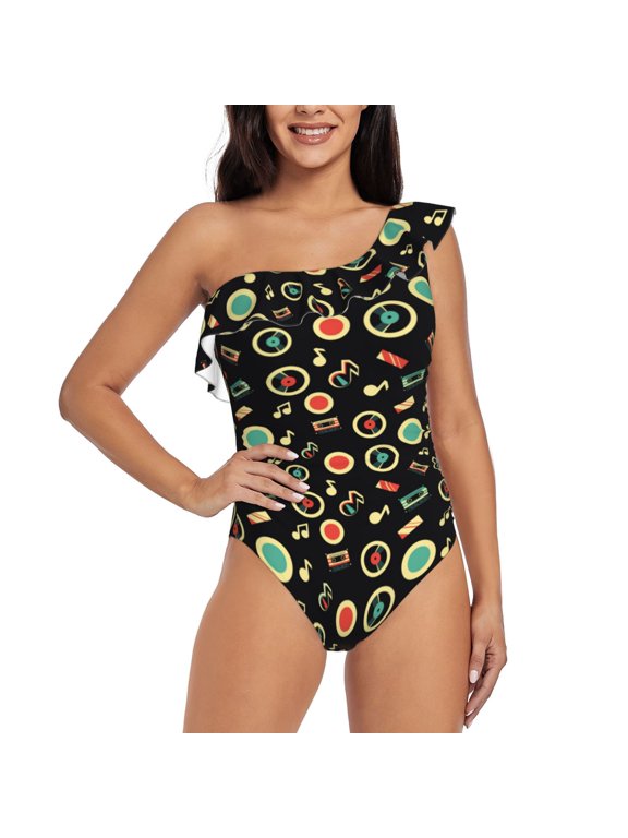 Vector Retro Music Print One-shoulder Ruffled One-piece Swimsuit with Removable Chest Pads and Tummy-control Swimsuit for Women-Medium