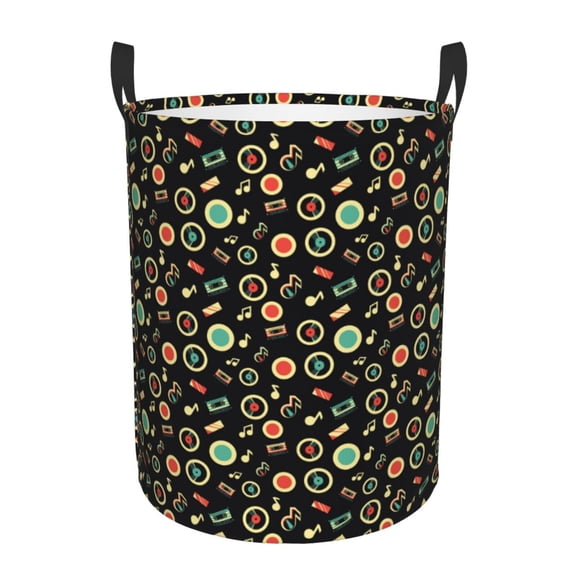 Gukieu Vector Retro Music Print Round Dirty Clothes Bag, Waterproof Standing Home Bathroom Storage Basket Car Trunk Storage Bag-Small