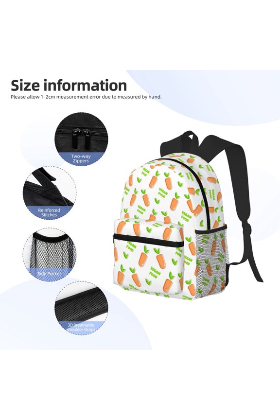 Vegan Fruit Carrot Print Backpack, Waterproof Backpack with Adjustable Shoulder Straps, Suitable for Campus, Business, Travel, Unisex
