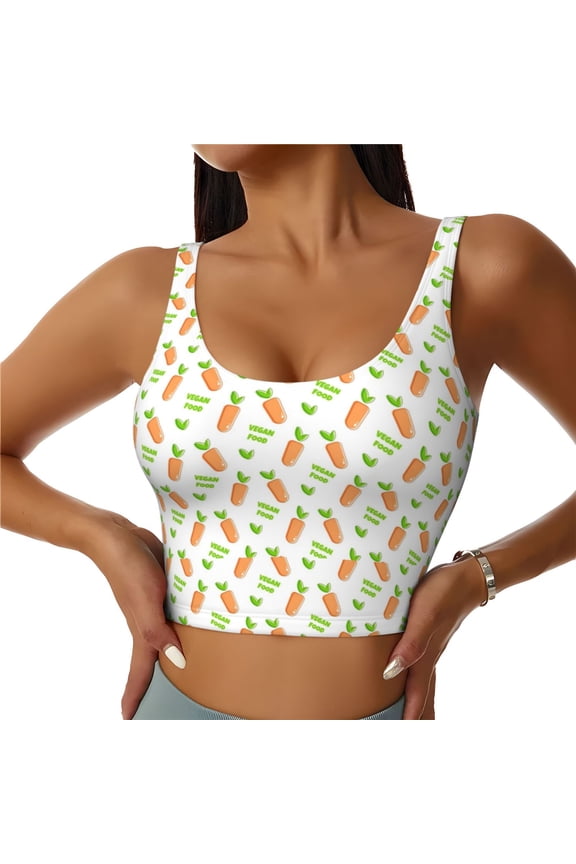 Vegan Fruit Carrot Print Women's Sports Vest, Low-neck U-shaped Removable Pad Sports Bra for Yoga, Exercise, Dance-Medium
