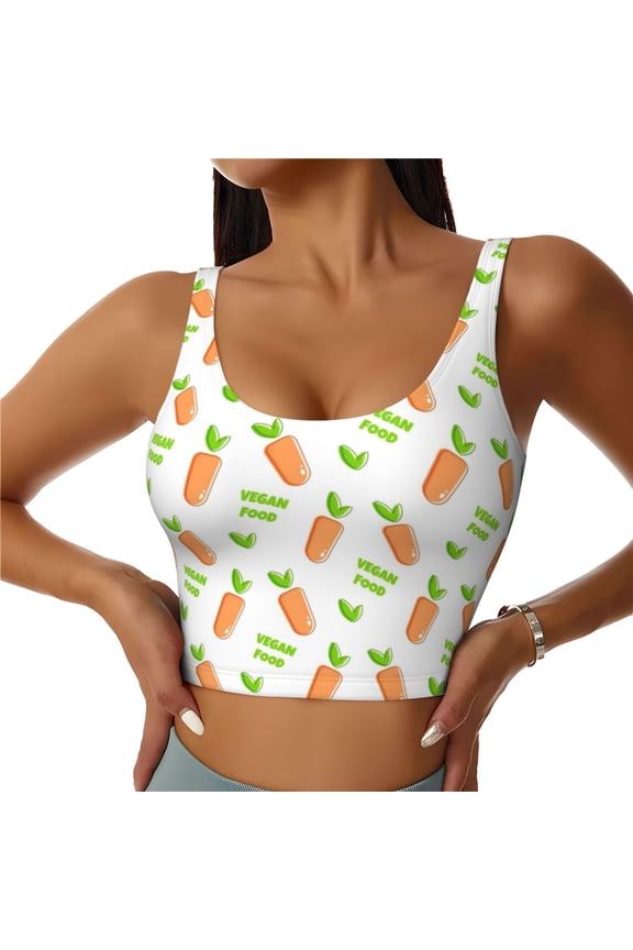 Vegan Fruit Carrot Print Women's Sports Vest, Low-neck U-shaped Removable Pad Sports Bra for Yoga, Exercise, Dance-Medium