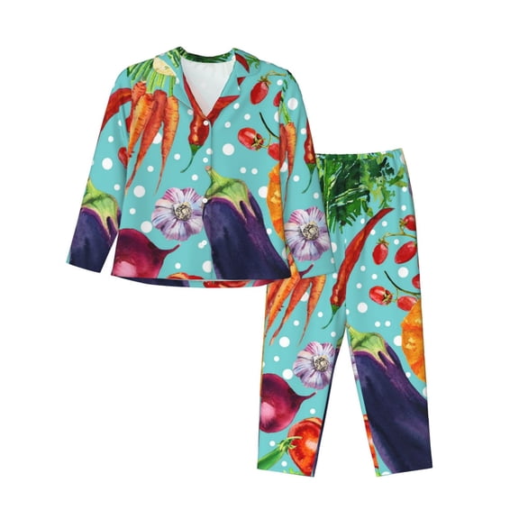 Gukieu Vegetable Print Women's Long Sleeve Pajama Set, Button Top Elastic Pocket Pajama Pants Two Piece Set Home Wear-Large