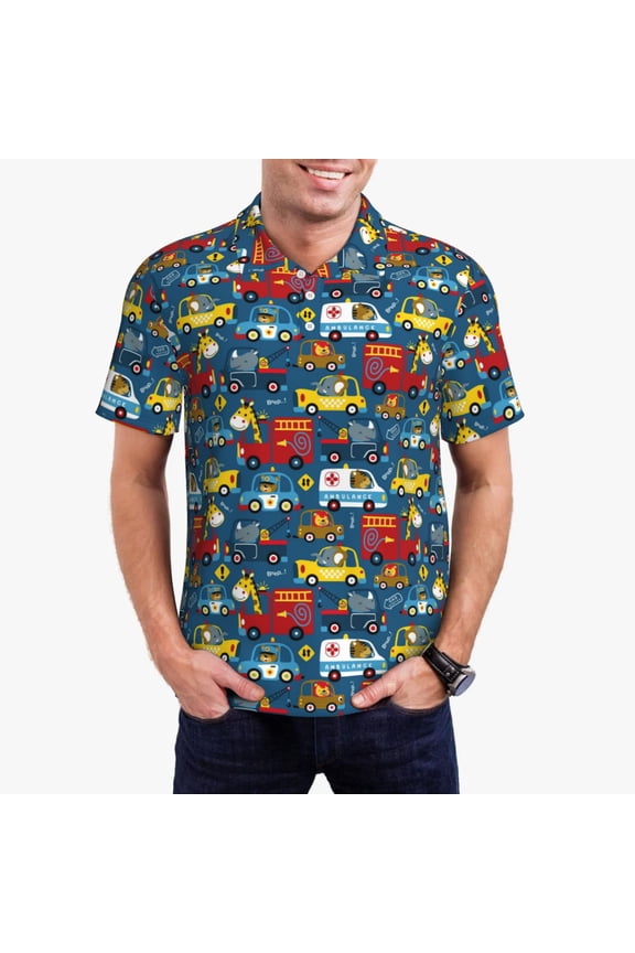 Vehicles Cartoon with Funny Drivers,Animal Drivers Print Men's Quick-drying POLO Shirt, Button-down Summer T-shirt, Suitable for Work and Outdoor Activities-Small