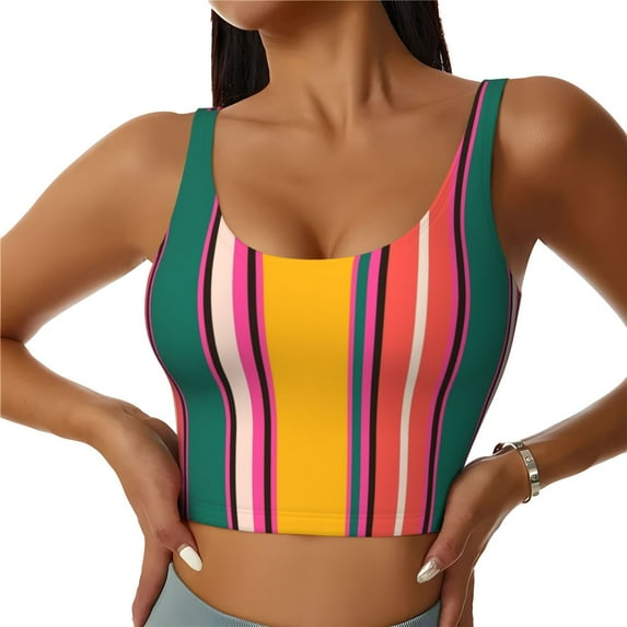 Gukieu Vertical Stripes Print Women's Sports Vest, Low-neck U-shaped Removable Pad Sports Bra for Yoga, Exercise, Dance-Large