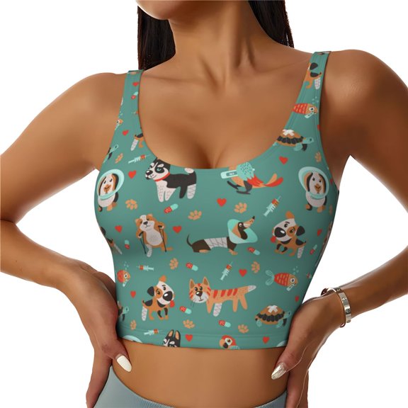 Gukieu Veterinary Clinics Print Women's Sports Vest, Low-neck U-shaped Removable Pad Sports Bra for Yoga, Exercise, Dance-Medium