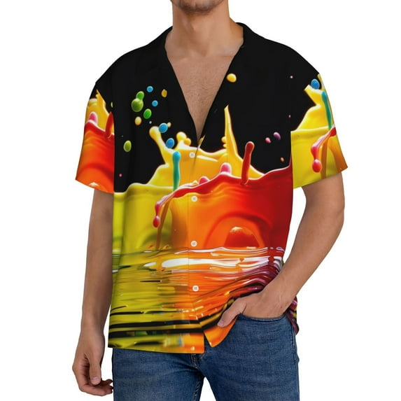 Gukieu Vibrant Color Splash Print Men's Short-sleeved Shirts, Button-down Pocket Shirts, T-shirts, Beach Vacation Travel Summer Clothing-Large