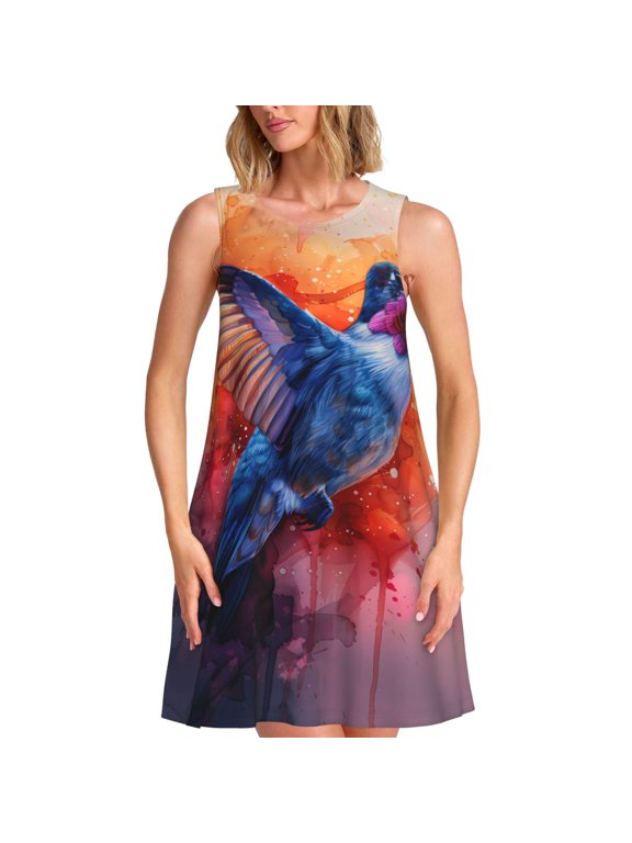 Vibrant Hummingbird Watercolor Art Print Women's Sleeveless Dress, Pocket Round Neck Dress, Summer Dress Suitable for Vacation, Party, Travel
