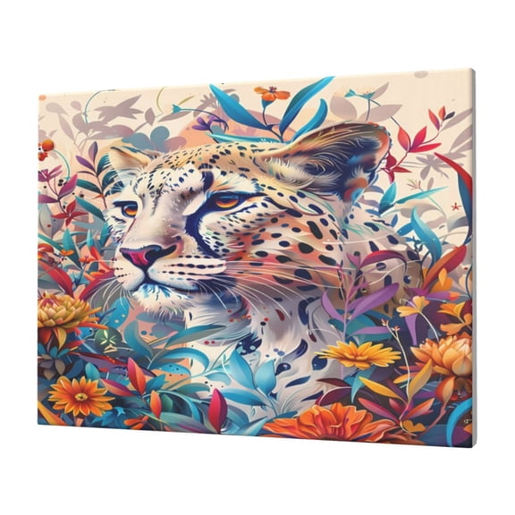 Gukieu Vibrant Leopard In Flowers Print Horizontal Canvas Decorative Painting 12x16 Inch Shrinkage Resistant Frame Hanging Home Wall Art Decor