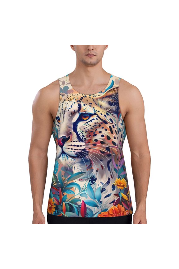 Vibrant Leopard In Flowers Print Men's Quick Dry Fitness Vest, Round Neck Sleeveless Fitness Bodybuilding Top-Medium