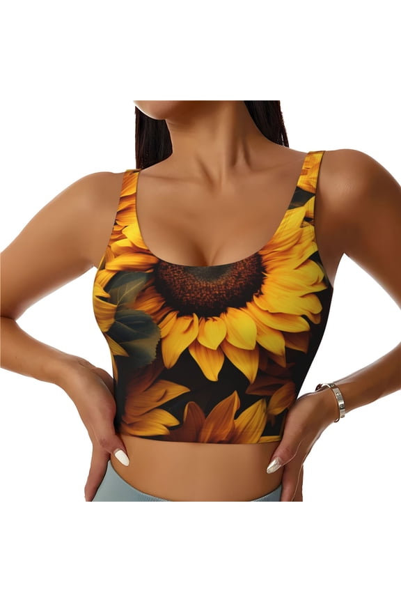 Vibrant Sunflower Blooms Print Women's Sports Vest, Low-neck U-shaped Removable Pad Sports Bra for Yoga, Exercise, Dance-Small