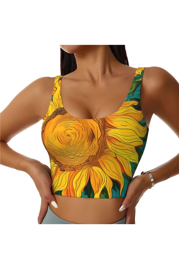Vibrant Sunflower Painting Print Women's Sports Vest, Low-neck U-shaped Removable Pad Sports Bra for Yoga, Exercise, Dance-XX-Large