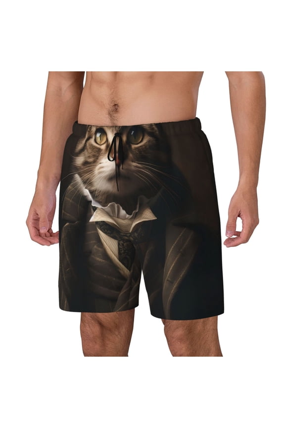 Victorian Gentle Cat Print Men's Double Layer Sports Swim Trunks, Quick Dry Adjustable Waist Swim Shorts Swimwear-3X-Large