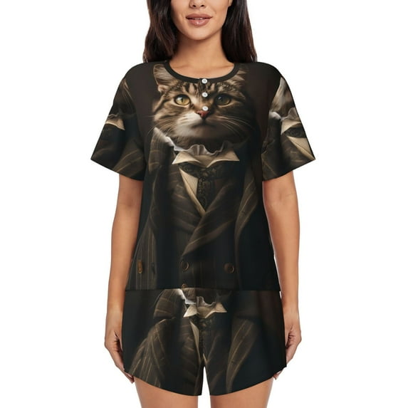 Gukieu Victorian Gentle Cat Print Women's Short-sleeved Pajama Set, Round Neck Button Top Elastic Shorts 2-piece Set, Summer Home Leisure Clothing-Large