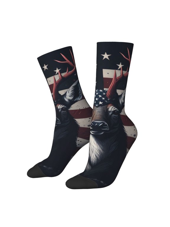 Vintage American Deer Print Contrast Color Mid-calf Socks, Sweat-wicking Athletic Socks, Unisex Clothing Accessories