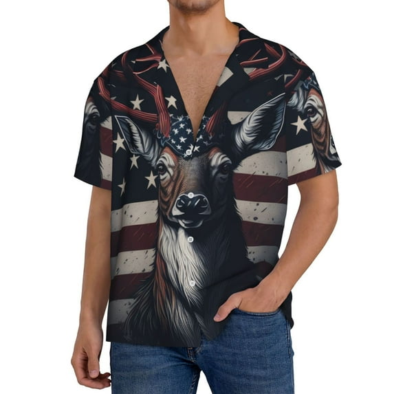 Gukieu Vintage American Deer Print Men's Short-sleeved Shirts, Button-down Pocket Shirts, T-shirts, Beach Vacation Travel Summer Clothing-3X-Large