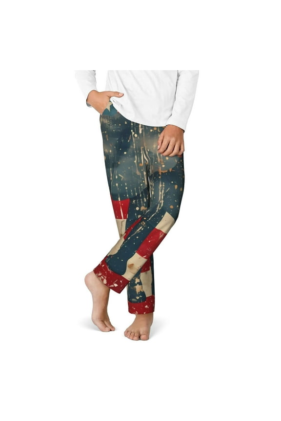 Vintage American Flag Elephant Print Youth Home Trousers, Elastic Waistband with Pockets for Home and Outing, Suitable for Children Aged 5-16-Small