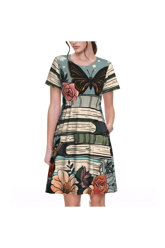 Vintage Art Butterfly Flower Print Women's Short Sleeve Dress, Elastic Waistband A-line with Pockets Summer Dress, Suitable for Daily Leisure, Work, Vacation