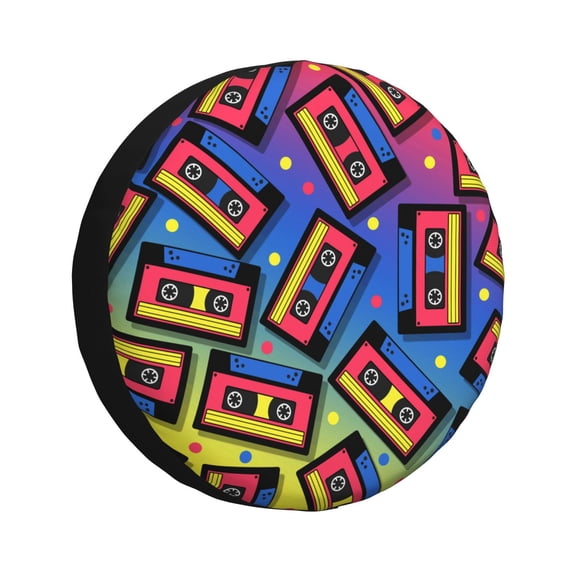 Gukieu Vintage Audio Cassettes Print Car Tire Cover, Adjustable Waterproof and Dustproof Tire Protection Cover, Suitable for SUV, Truck, Van-15 inch