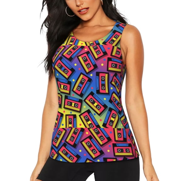 Gukieu Vintage Audio Cassettes Print Women's Quick-drying Fitness Vest, Round Neck Sleeveless Fitness T-shirt, Suitable for Yoga, Sports-Large