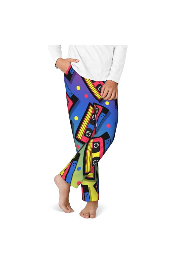 Vintage Audio Cassettes Print Youth Home Trousers, Elastic Waistband with Pockets for Home and Outing, Suitable for Children Aged 5-16-Medium