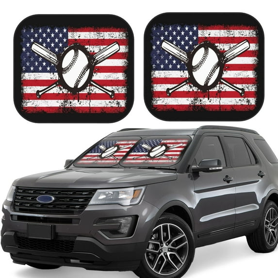 Gukieu Vintage Baseball American Flag Print Car Windshield Sun Visor, Foldable Anti-UV Car Sun Visor Suitable for Vans, Trucks Car Accessories-Small