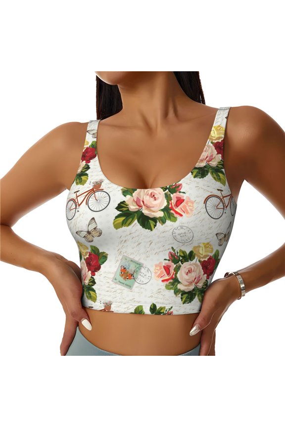 Vintage Bike Flower Butterfly Print Women's Sports Vest, Low-neck U-shaped Removable Pad Sports Bra for Yoga, Exercise, Dance-Medium