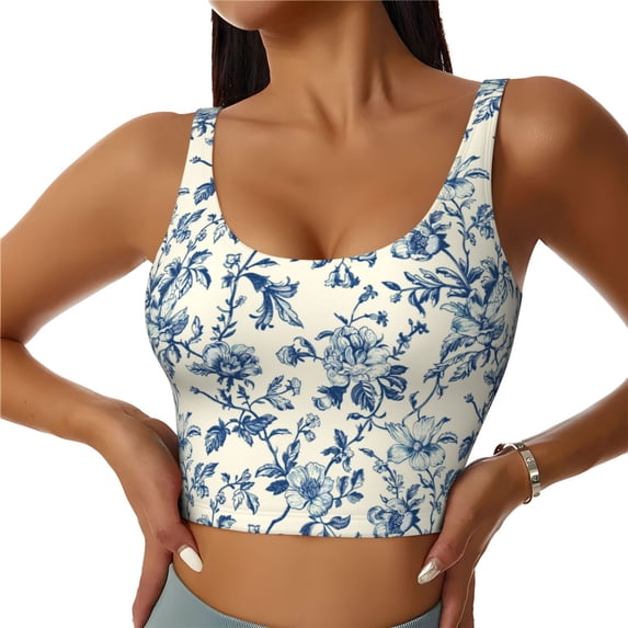 Gukieu Vintage Blue Floral Print Women's Sports Vest, Low-neck U-shaped Removable Pad Sports Bra for Yoga, Exercise, Dance-Large