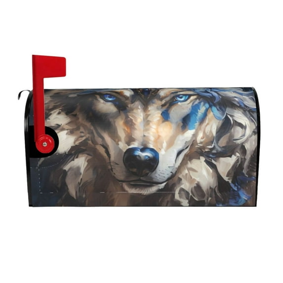 Gukieu Vintage Blue Floral Wolf Print Magnetic Mailbox Cover, Sun-proof and Waterproof Home Yard Mailbox Cover-25.5x21 in