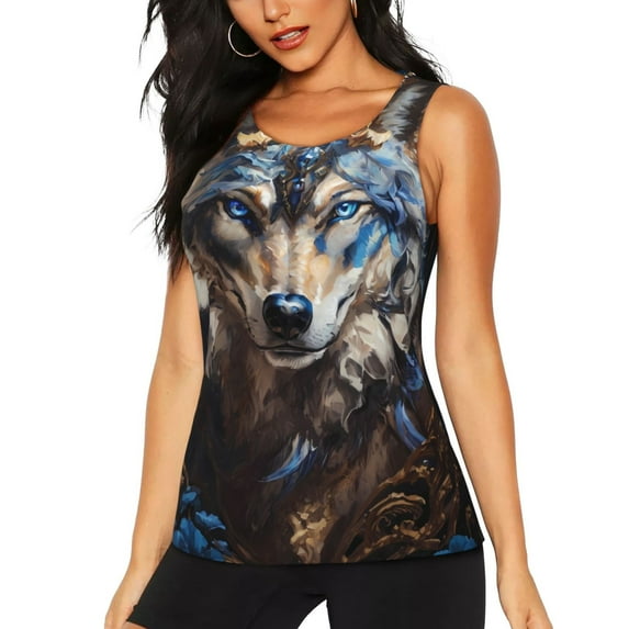 Gukieu Vintage Blue Floral Wolf Print Women's Quick-drying Fitness Vest, Round Neck Sleeveless Fitness T-shirt, Suitable for Yoga, Sports-Small