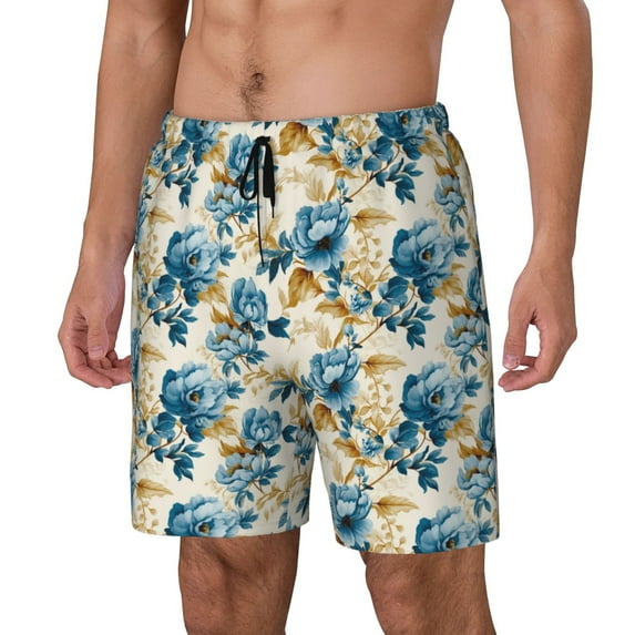 Gukieu Vintage Blue Flowers Print Men's Double Layer Sports Swim Trunks, Quick Dry Adjustable Waist Swim Shorts Swimwear-X-Large