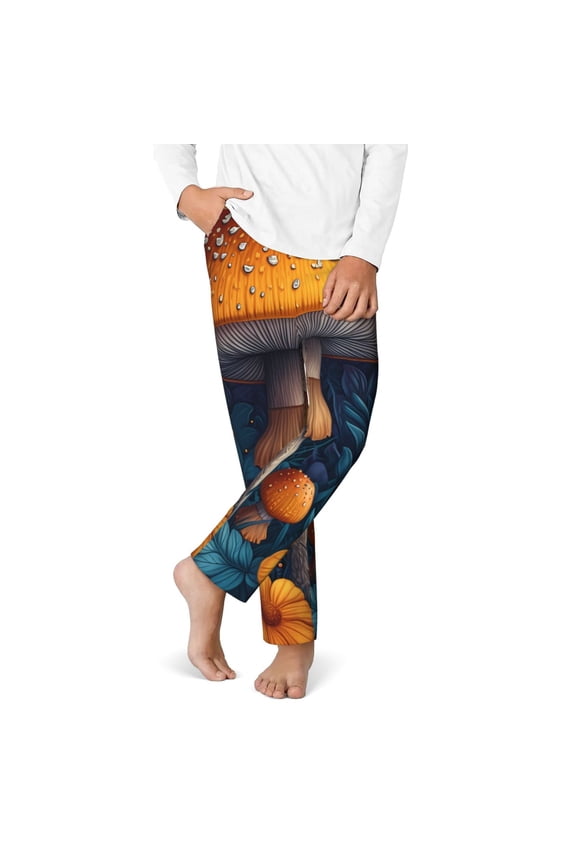 Vintage Blue Leaf Mushroom Print Youth Home Trousers, Elastic Waistband with Pockets for Home and Outing, Suitable for Children Aged 5-16-Large