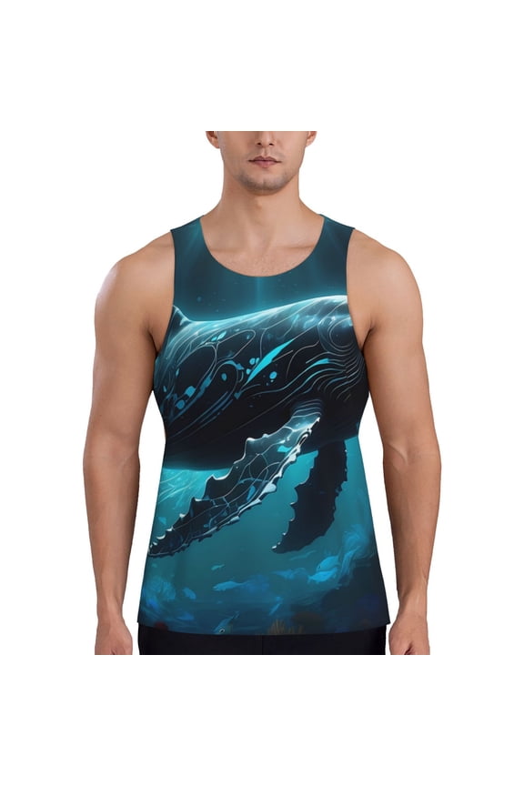 Vintage Blue Pattern Whale Print Men's Quick Dry Fitness Vest, Round Neck Sleeveless Fitness Bodybuilding Top-Small