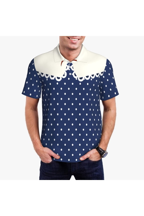 Vintage Blue Polka-dot Print Men's Quick-drying POLO Shirt, Button-down Summer T-shirt, Suitable for Work and Outdoor Activities-Medium